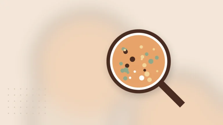 Illustration: a magnifying glass over a water sample with particles